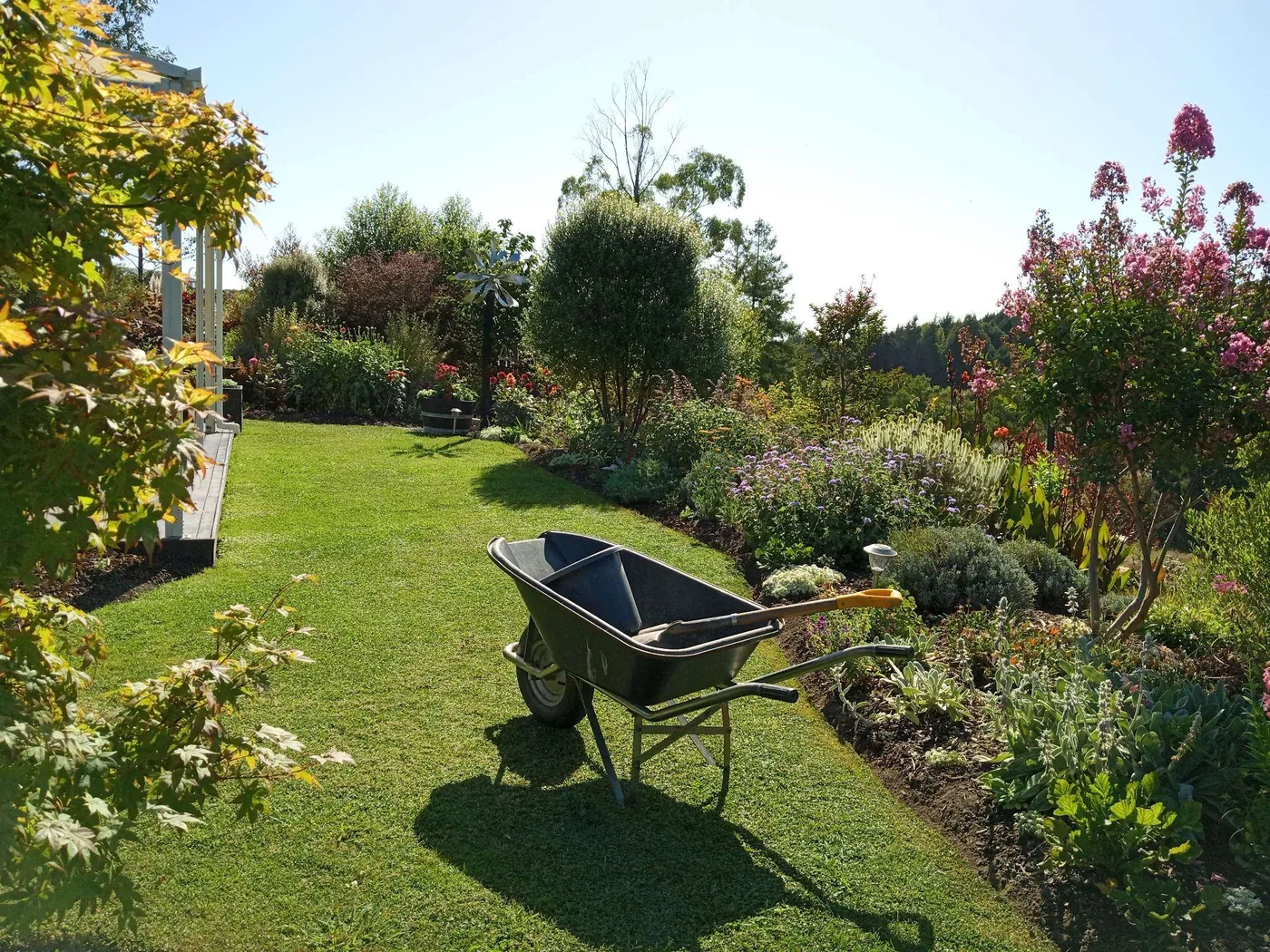 Tidied garden beds and mown lawn with a wheelbarrow of green waste