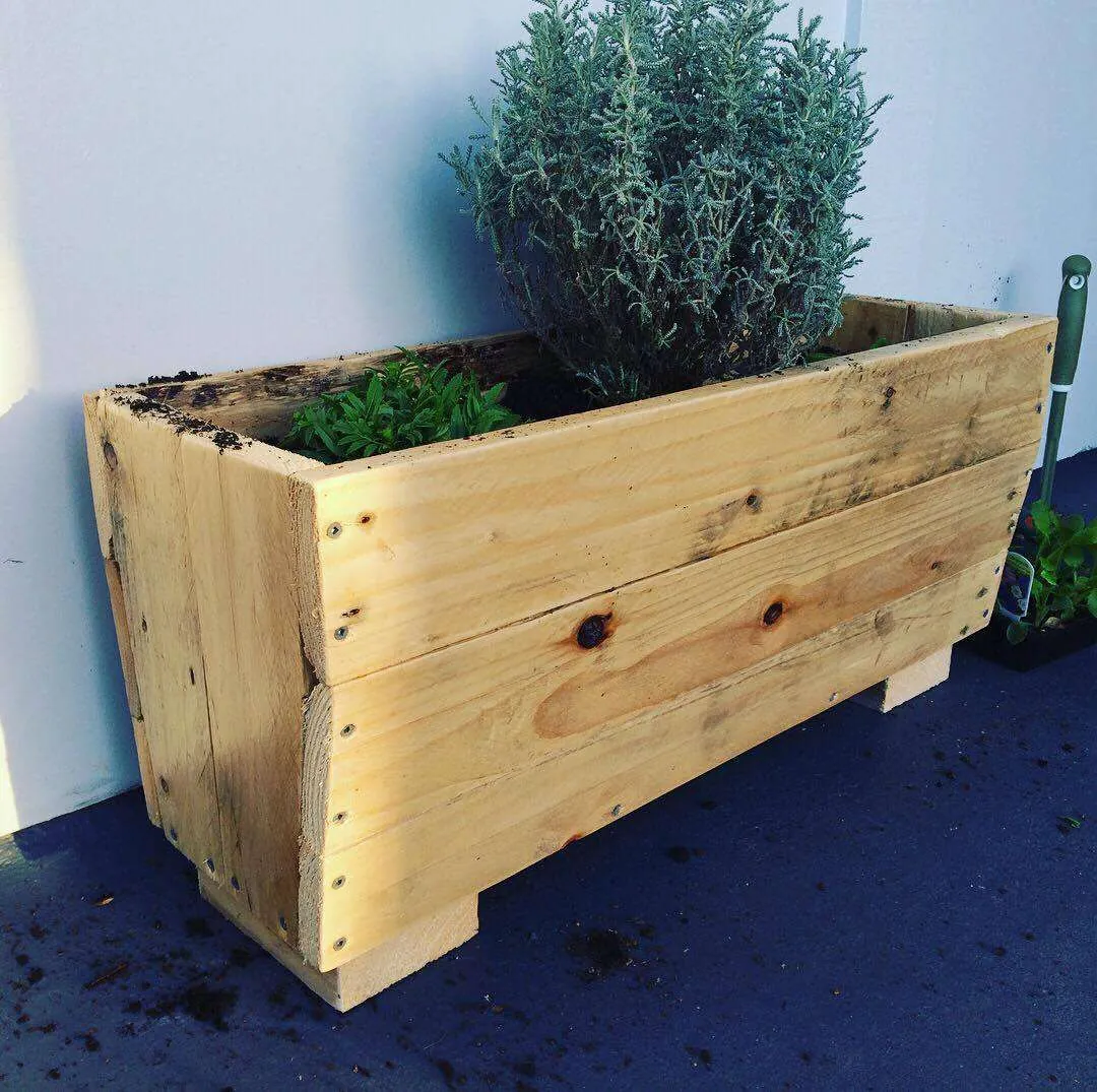 Large timber planter box built and planted with herbs